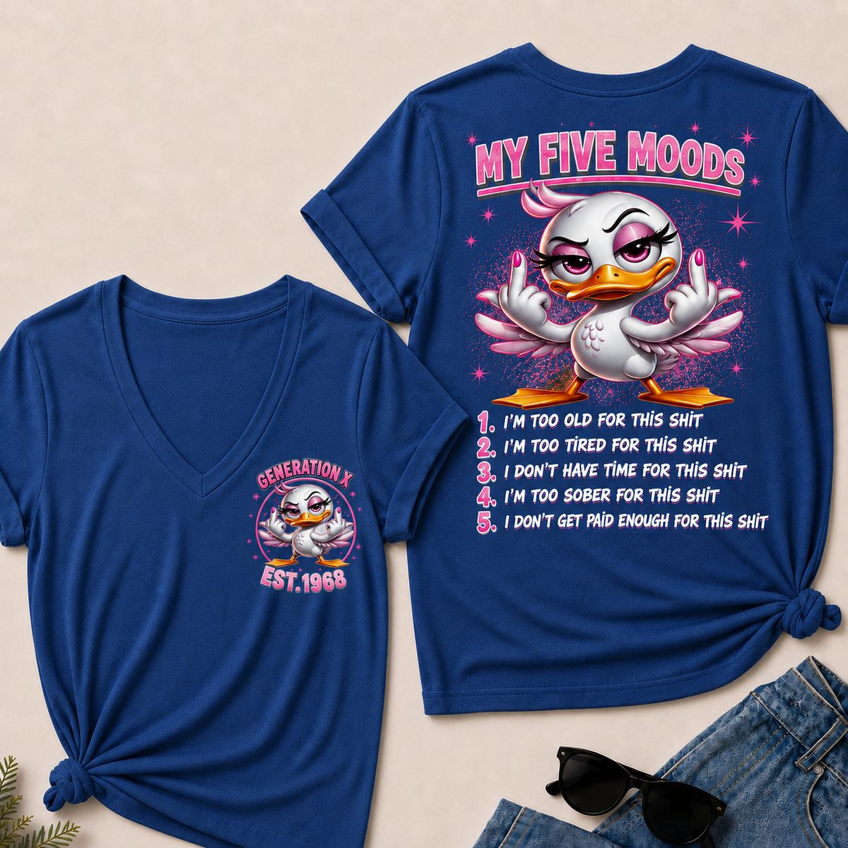 Women’s V‑Neck T‑Shirt, Generation X EST.1968 Pink Duck My Five Moods Graphic Tee, Front & Back Print Sarcastic Funny Casual Short Sleeve Top