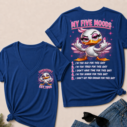 Women’s V‑Neck T‑Shirt, Generation X EST.1968 Pink Duck My Five Moods Graphic Tee, Front & Back Print Sarcastic Funny Casual Short Sleeve Top