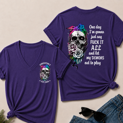 Women’s V‑Neck T‑Shirt, Generation X EST.1968 Rainbow Bow Skull Rose Graphic Tee, Front & Back Print Sarcastic Dark Style Casual Short Sleeve Top