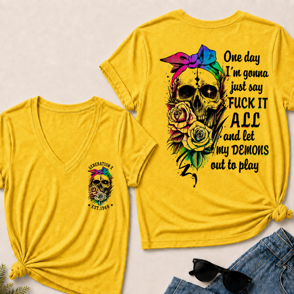 Women’s V‑Neck T‑Shirt, Generation X EST.1968 Rainbow Bow Skull Rose Graphic Tee, Front & Back Print Sarcastic Dark Style Casual Short Sleeve Top