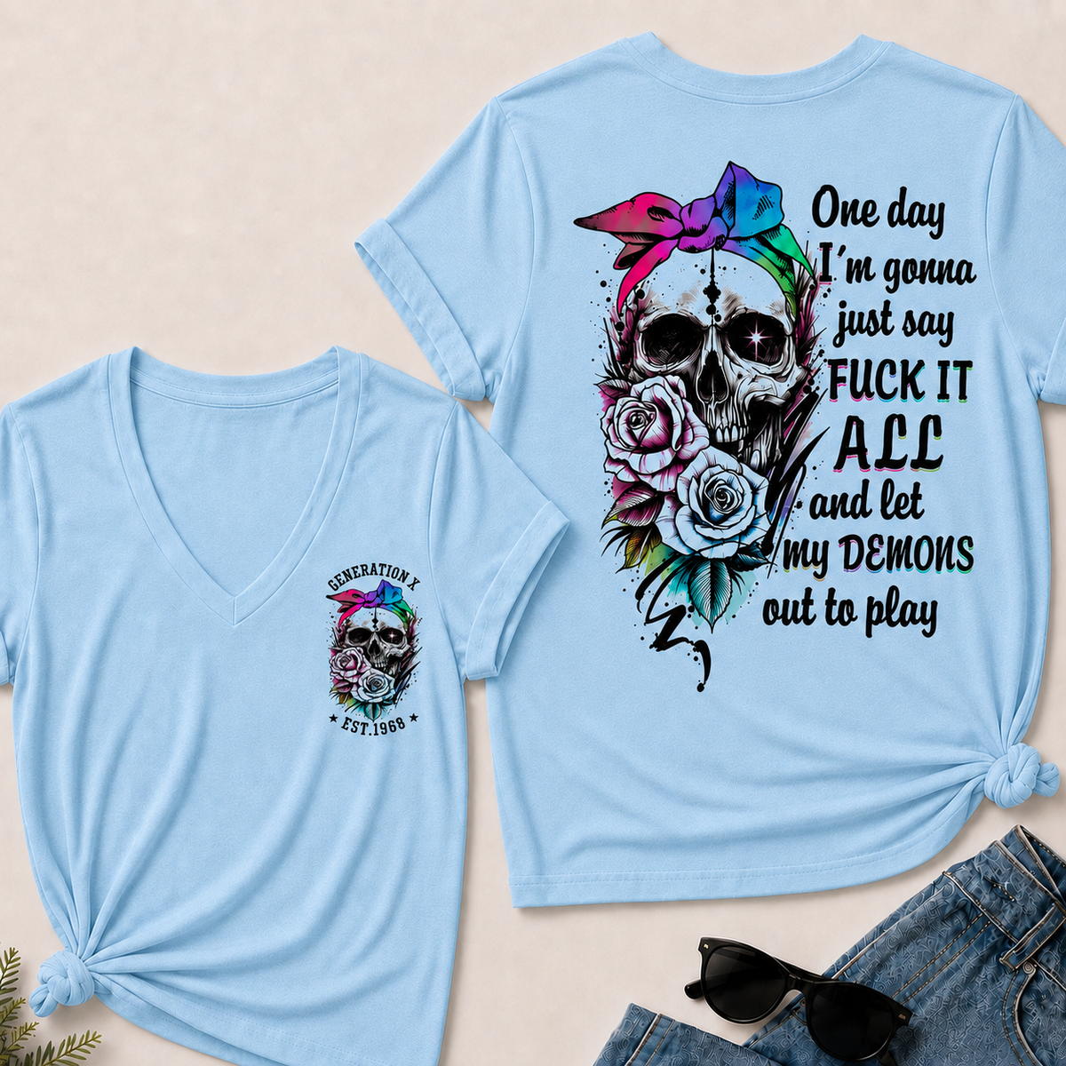 Women’s V‑Neck T‑Shirt, Generation X EST.1968 Rainbow Bow Skull Rose Graphic Tee, Front & Back Print Sarcastic Dark Style Casual Short Sleeve Top