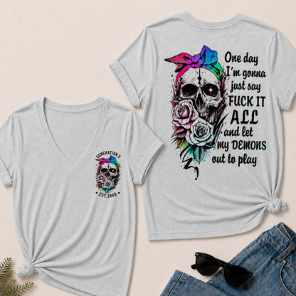 Women’s V‑Neck T‑Shirt, Generation X EST.1968 Rainbow Bow Skull Rose Graphic Tee, Front & Back Print Sarcastic Dark Style Casual Short Sleeve Top