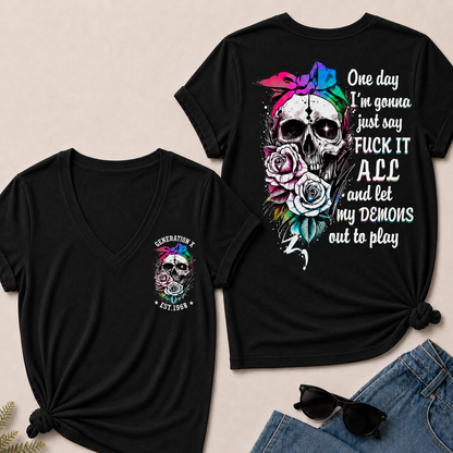 Women’s V‑Neck T‑Shirt, Generation X EST.1968 Rainbow Bow Skull Rose Graphic Tee, Front & Back Print Sarcastic Dark Style Casual Short Sleeve Top