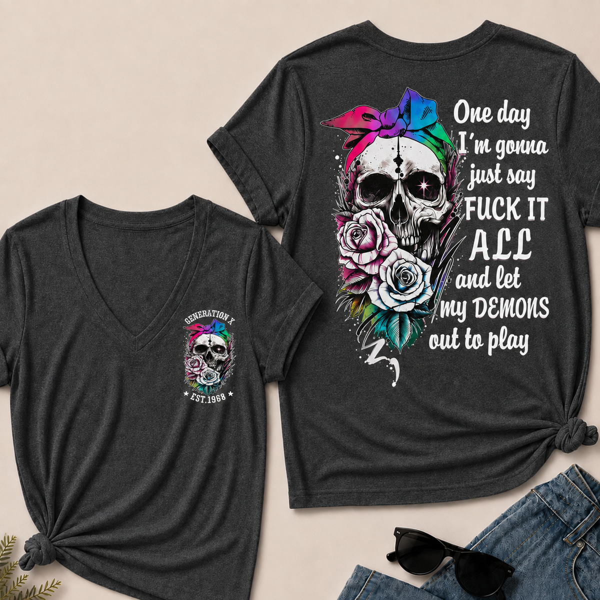 Women’s V‑Neck T‑Shirt, Generation X EST.1968 Rainbow Bow Skull Rose Graphic Tee, Front & Back Print Sarcastic Dark Style Casual Short Sleeve Top