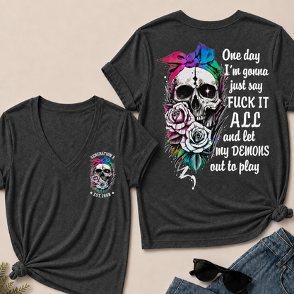 Women’s V‑Neck T‑Shirt, Generation X EST.1968 Rainbow Bow Skull Rose Graphic Tee, Front & Back Print Sarcastic Dark Style Casual Short Sleeve Top