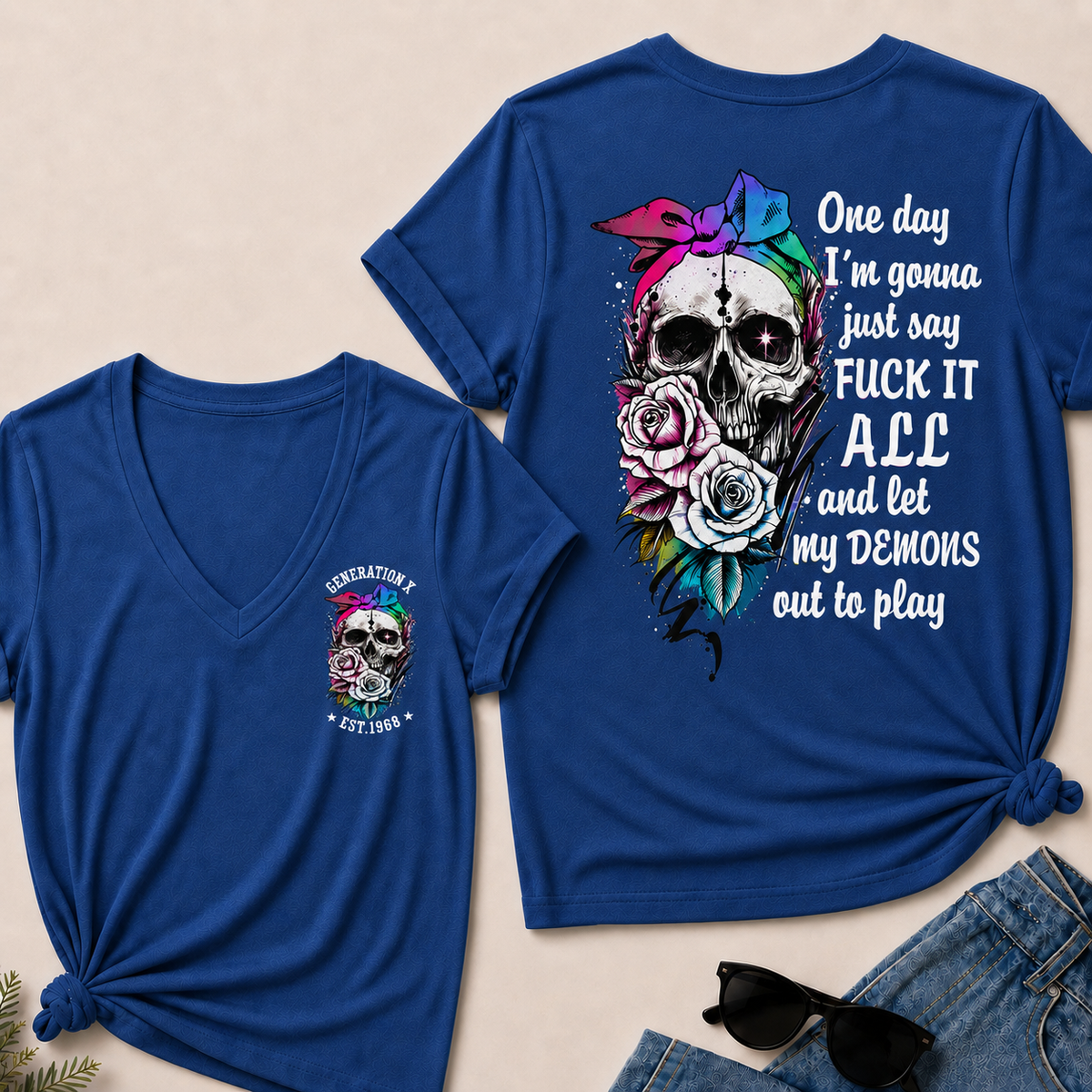 Women’s V‑Neck T‑Shirt, Generation X EST.1968 Rainbow Bow Skull Rose Graphic Tee, Front & Back Print Sarcastic Dark Style Casual Short Sleeve Top