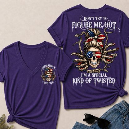 Women’s V‑Neck T‑Shirt, Generation X EST.1970 American Flag Skull “Don’t Try To Figure Me Out” Graphic Tee, Front & Back Print Sarcastic Casual Short Sleeve Top
