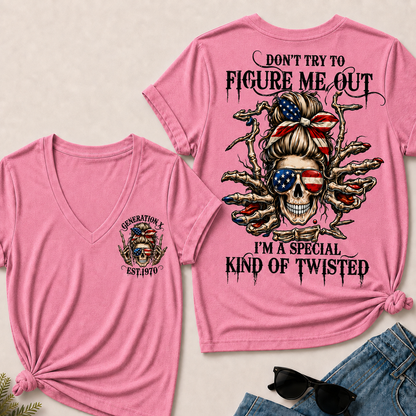 Women’s V‑Neck T‑Shirt, Generation X EST.1970 American Flag Skull “Don’t Try To Figure Me Out” Graphic Tee, Front & Back Print Sarcastic Casual Short Sleeve Top