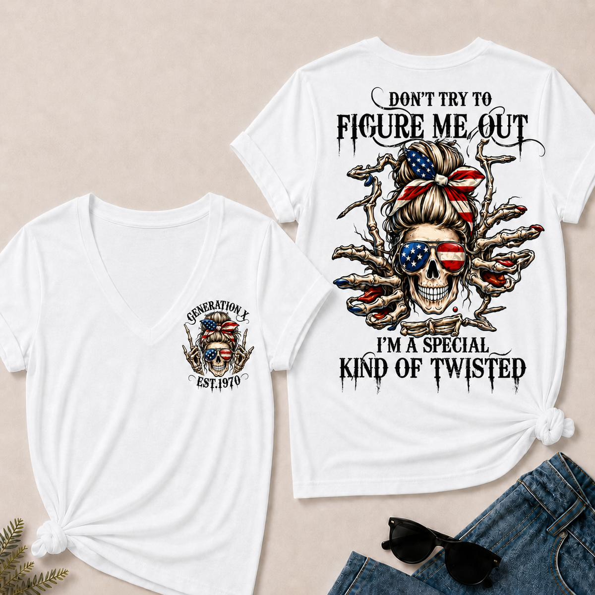 Women’s V‑Neck T‑Shirt, Generation X EST.1970 American Flag Skull “Don’t Try To Figure Me Out” Graphic Tee, Front & Back Print Sarcastic Casual Short Sleeve Top