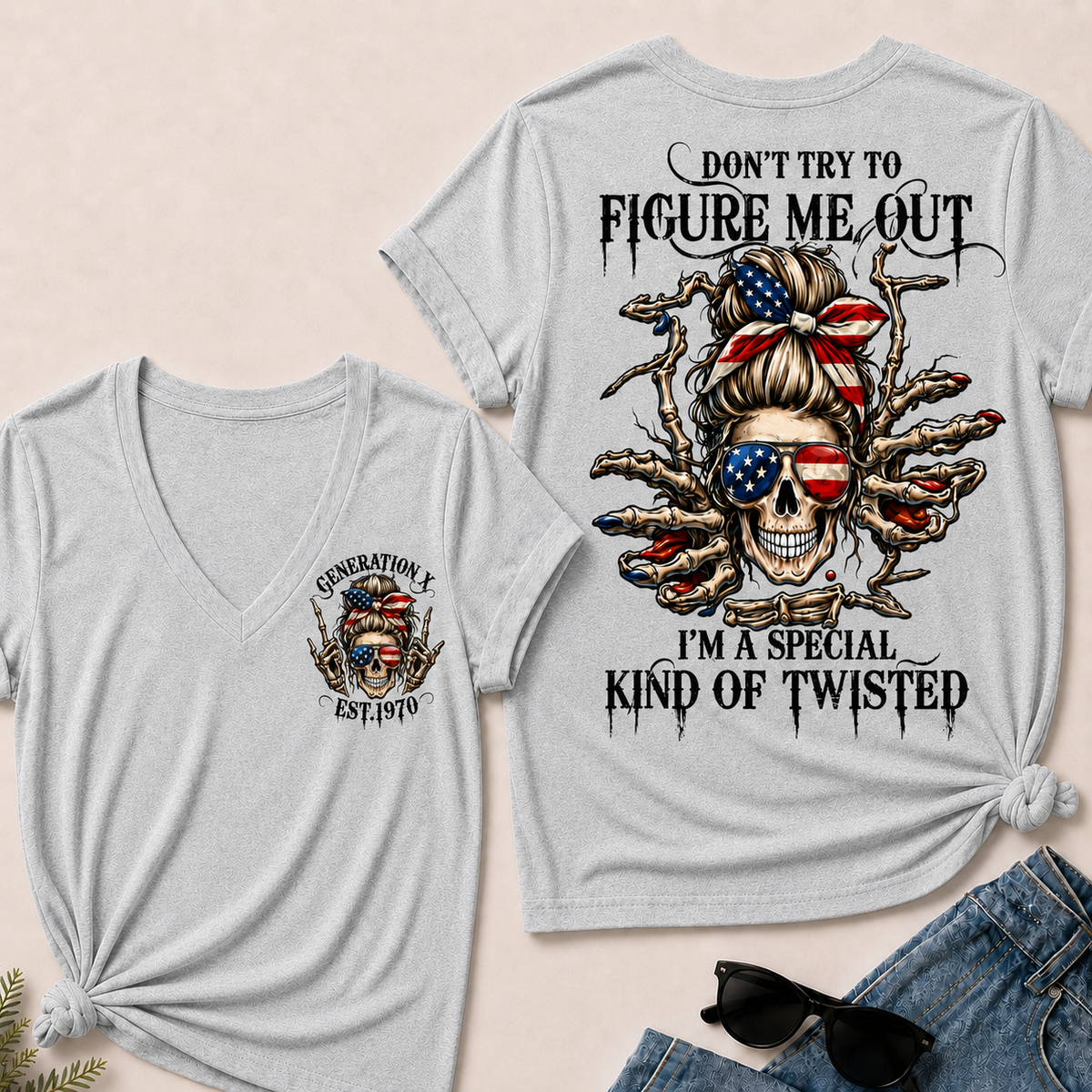 Women’s V‑Neck T‑Shirt, Generation X EST.1970 American Flag Skull “Don’t Try To Figure Me Out” Graphic Tee, Front & Back Print Sarcastic Casual Short Sleeve Top