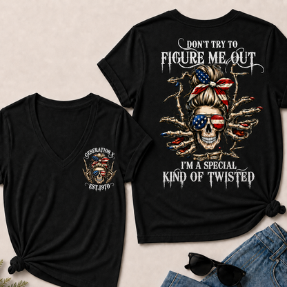 Women’s V‑Neck T‑Shirt, Generation X EST.1970 American Flag Skull “Don’t Try To Figure Me Out” Graphic Tee, Front & Back Print Sarcastic Casual Short Sleeve Top