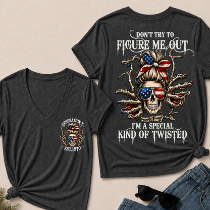 Women’s V‑Neck T‑Shirt, Generation X EST.1970 American Flag Skull “Don’t Try To Figure Me Out” Graphic Tee, Front & Back Print Sarcastic Casual Short Sleeve Top