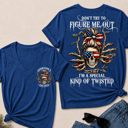 Women’s V‑Neck T‑Shirt, Generation X EST.1970 American Flag Skull “Don’t Try To Figure Me Out” Graphic Tee, Front & Back Print Sarcastic Casual Short Sleeve Top