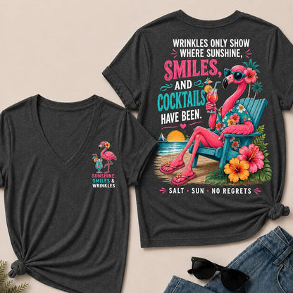 Wrinkles Only Show Where Sunshine, Smiles & Cocktails Have Been™ Funny Retirement V-Neck Tee For Women