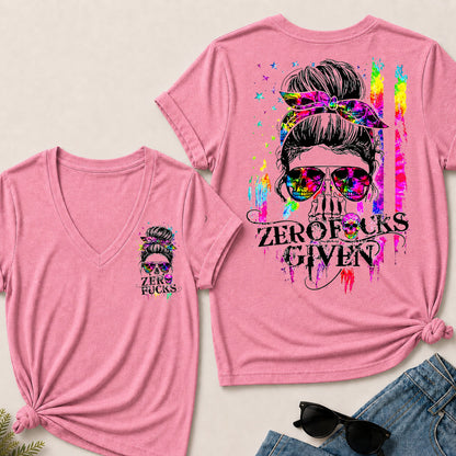 Women’s Zero Given V‑Neck Graphic T‑Shirt, Messy Bun Skull Tie Dye Rainbow Print Short Sleeve Casual Top, Front & Back Print Tee