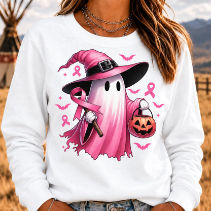Women's In October We Wear Pink Halloween Ghost Breast Cancer Awareness Sweatshirt