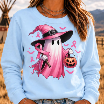 Women's In October We Wear Pink Halloween Ghost Breast Cancer Awareness Sweatshirt