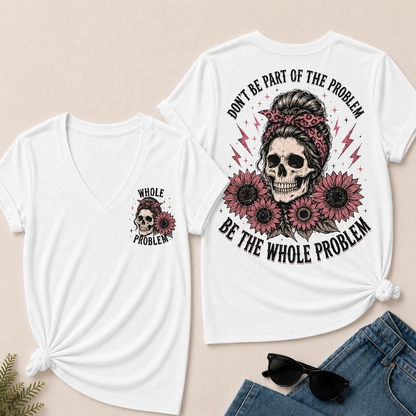 Women’s V‑Neck T‑Shirt, Leopard Bandana Skull Sunflower “Be The Whole Problem” Graphic Tee, Front & Back Print Sarcastic Casual Short Sleeve Top