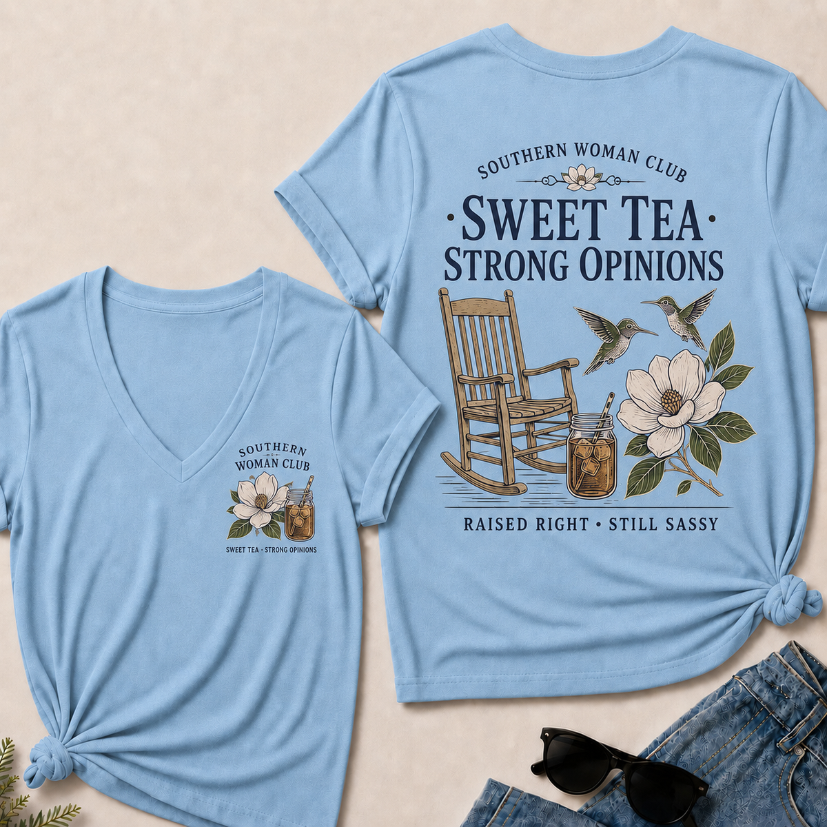 Southern Woman Club Sweet Tea Strong Opinions V-Neck T-shirts