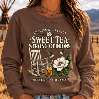 Southern Woman Club Sweet Tea Strong Opinions Vintage Magnolia Graphic For Southern Sweatshirts