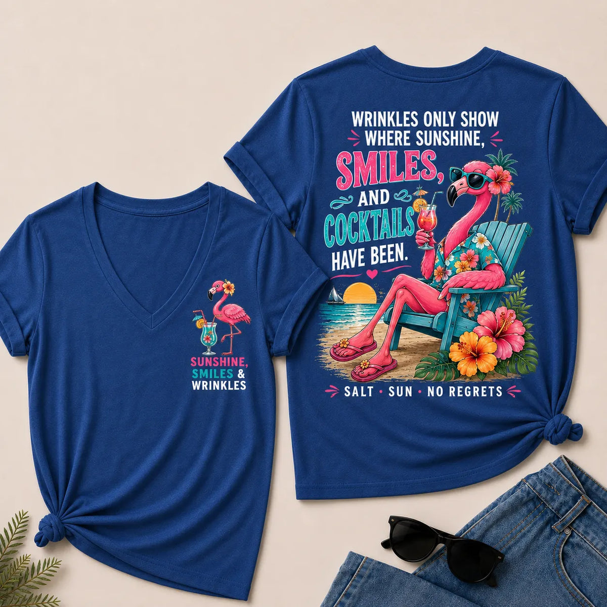 Wrinkles Only Show Where Sunshine, Smiles & Cocktails Have Been™ Funny Retirement V-Neck Tee For Women