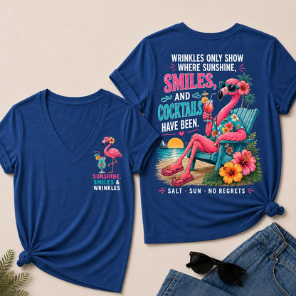 Wrinkles Only Show Where Sunshine, Smiles & Cocktails Have Been™ Funny Retirement V-Neck Tee For Women