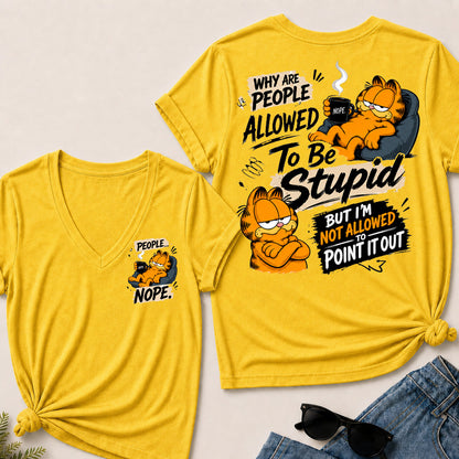 Women’s Funny Garfield V‑Neck Graphic T‑Shirt, Sarcastic Quote Short Sleeve Tee, Front & Back Print Casual Top