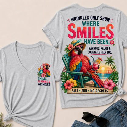 Wrinkles Only Show Where Smiles Have Been Funny Retirement V-Neck Tee For Women – Tropical Parrot Beach Vacation Graphic V-Neck Tee