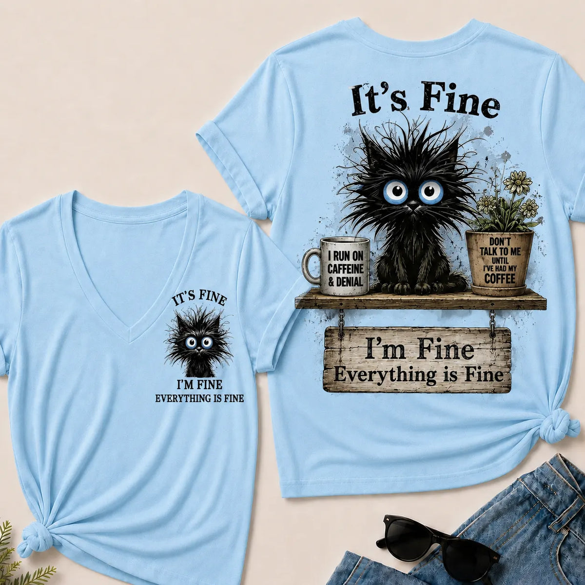 "It's Fine, I'm Fine, Everything Is Fine" Black Cat V-Neck T-Shirt