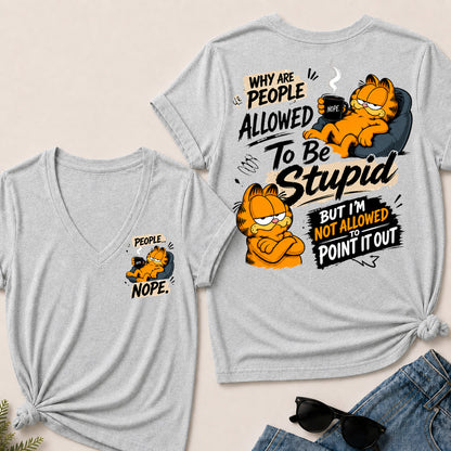 Women’s Funny Garfield V‑Neck Graphic T‑Shirt, Sarcastic Quote Short Sleeve Tee, Front & Back Print Casual Top