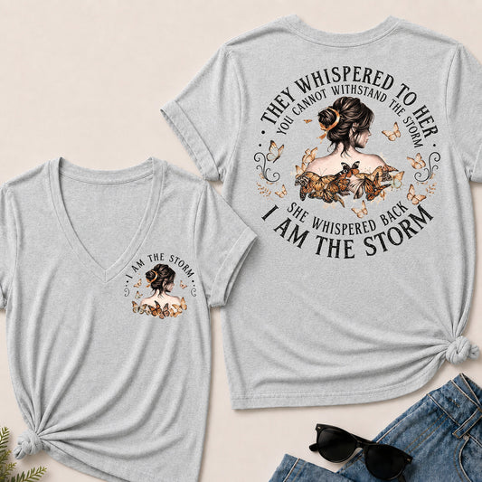 Women’s I Am The Storm V‑Neck Graphic T‑Shirt, Inspirational Butterfly Quote Short Sleeve Tee, Front & Back Print Casual Top