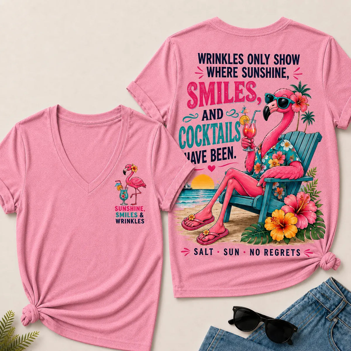 Wrinkles Only Show Where Sunshine, Smiles & Cocktails Have Been™ Funny Retirement V-Neck Tee For Women