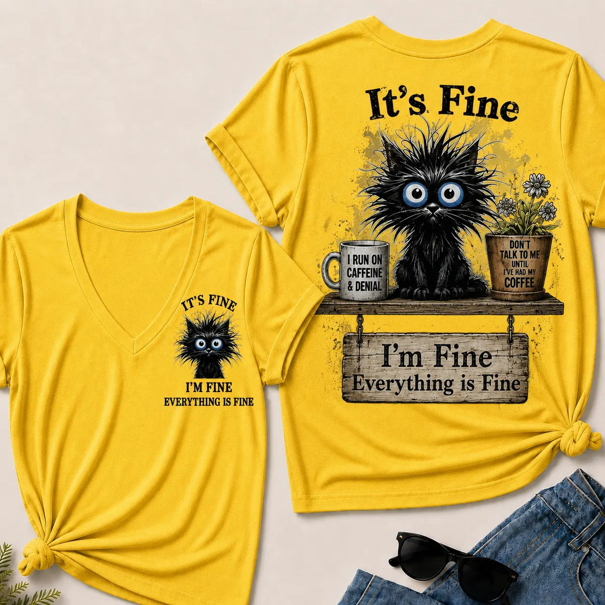 "It's Fine, I'm Fine, Everything Is Fine" Black Cat V-Neck T-Shirt