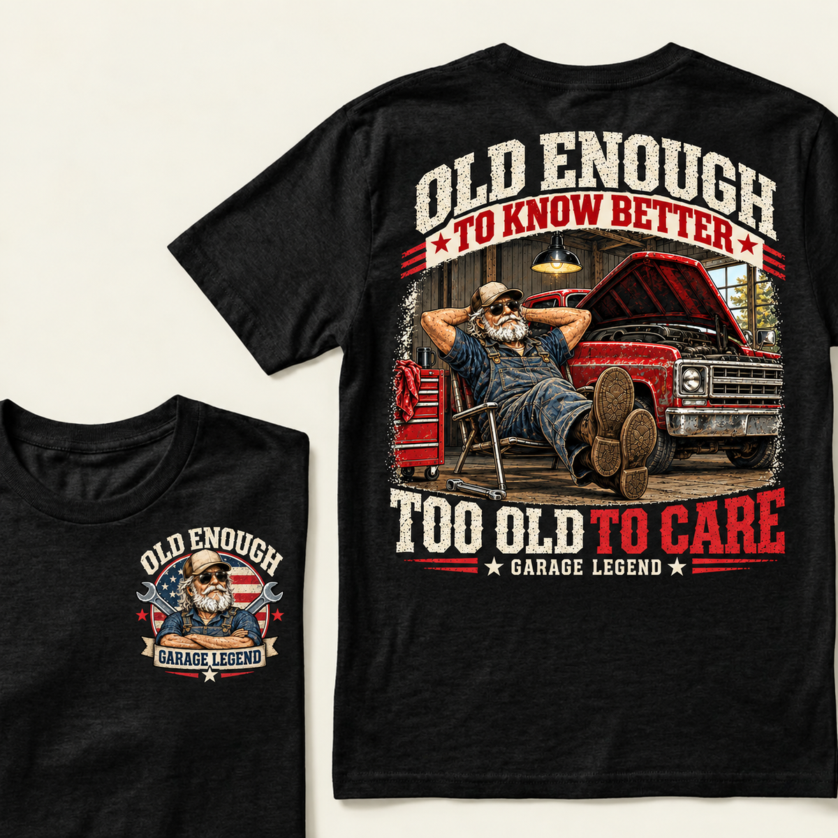 Men's Crew Neck T-Shirt Old Enough To Know Better Too Old To Care Garage Legend Mechanic Graphic Tee Front & Back Print Casual Short Sleeve Top