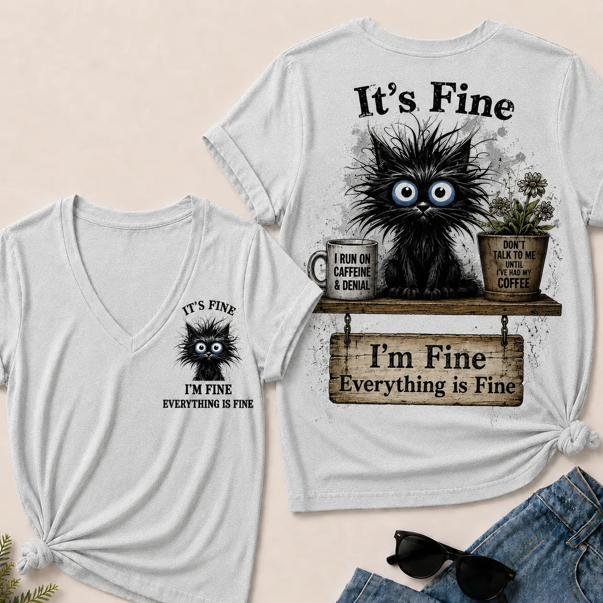 "It's Fine, I'm Fine, Everything Is Fine" Black Cat V-Neck T-Shirt