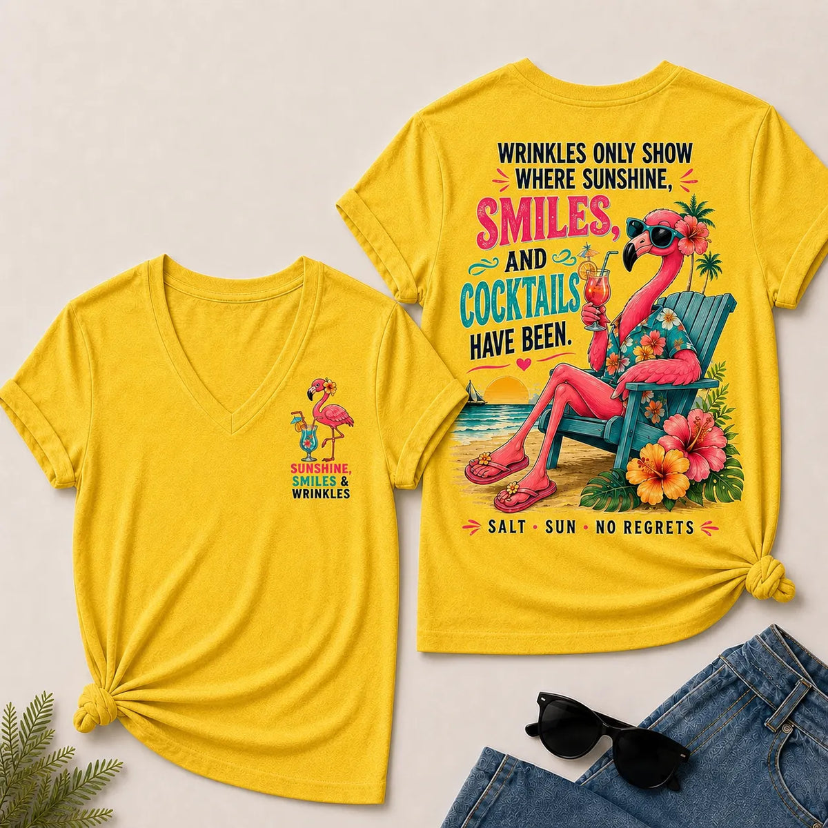Wrinkles Only Show Where Sunshine, Smiles & Cocktails Have Been™ Funny Retirement V-Neck Tee For Women