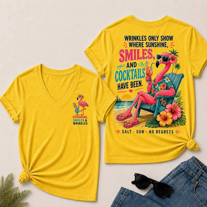 Wrinkles Only Show Where Sunshine, Smiles & Cocktails Have Been™ Funny Retirement V-Neck Tee For Women