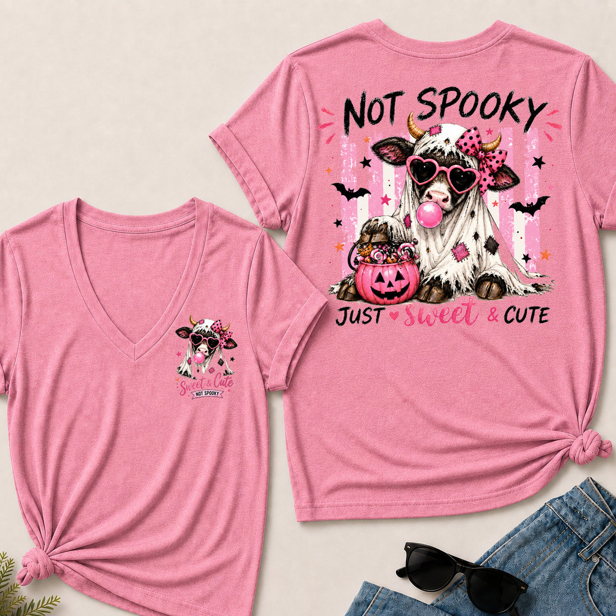 Women’s Not Spooky Just Sweet & Cute V‑Neck Graphic T‑Shirt, Cute Halloween Cow Ghost Short Sleeve Tee, Front & Back Print Casual Top