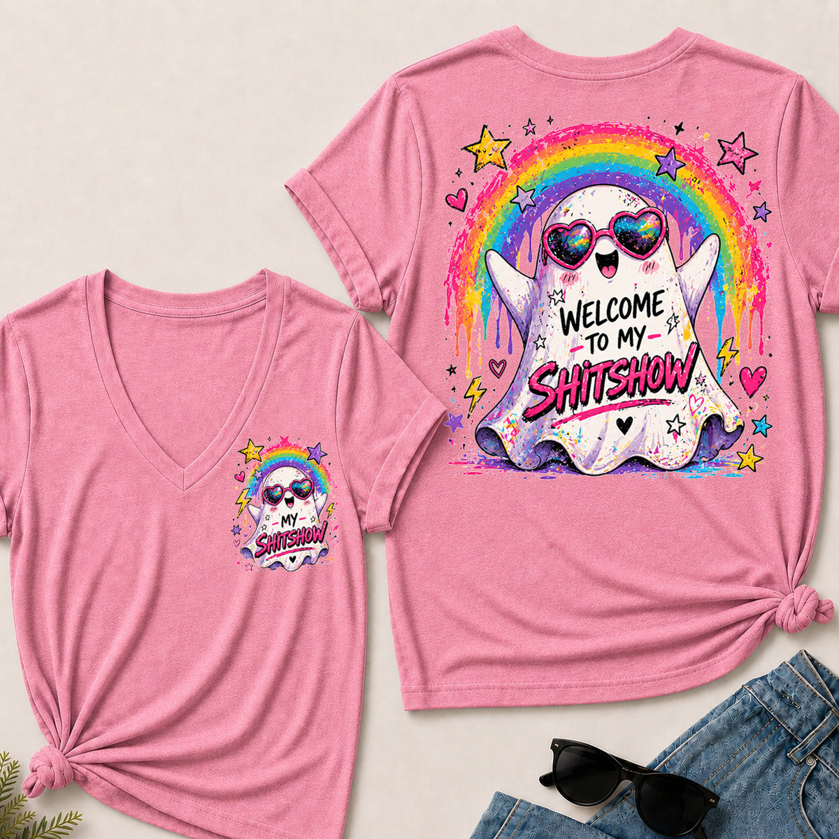 Women’s Welcome To My Show V‑Neck Graphic T‑Shirt, Cute Rainbow Ghost Funny Short Sleeve Tee, Front & Back Print Casual Top