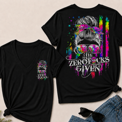 Women’s Zero Given V‑Neck Graphic T‑Shirt, Messy Bun Skull Tie Dye Rainbow Print Short Sleeve Casual Top, Front & Back Print Tee