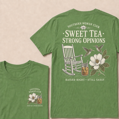 Southern Woman Club Sweet Tea Strong Opinions T-Shirt – Vintage Magnolia Graphic Tee For Southern Women