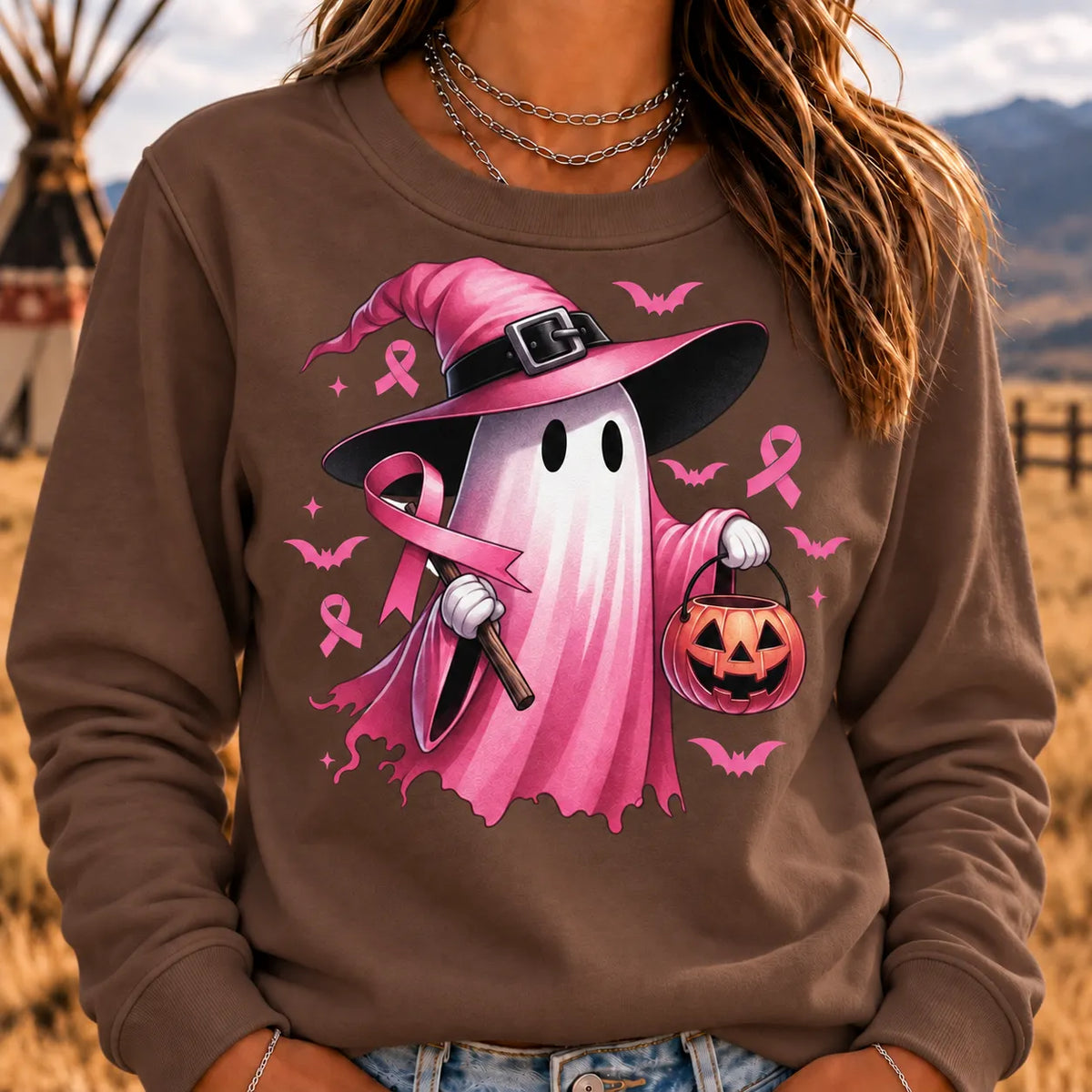 Women's In October We Wear Pink Halloween Ghost Breast Cancer Awareness Sweatshirt