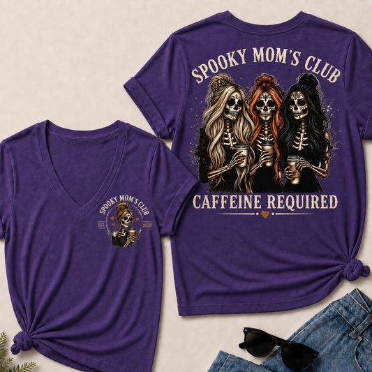 Spooky Mom’s Club V‑Neck Tee, Skeleton Halloween Caffeine Required Women’s Graphic Short Sleeve T‑Shirt