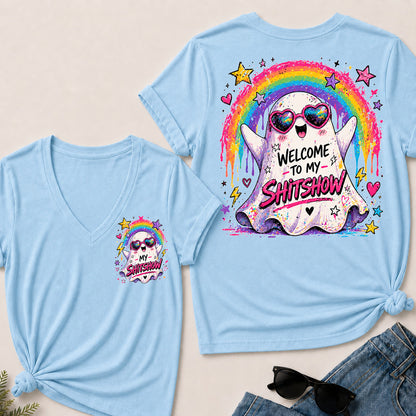 Women’s Welcome To My Show V‑Neck Graphic T‑Shirt, Cute Rainbow Ghost Funny Short Sleeve Tee, Front & Back Print Casual Top