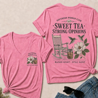 Southern Woman Club Sweet Tea Strong Opinions V-Neck T-shirts