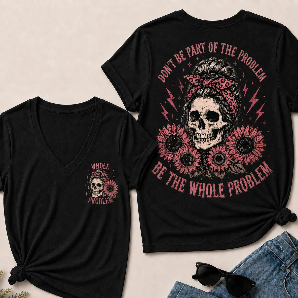 Women’s V‑Neck T‑Shirt, Leopard Bandana Skull Sunflower “Be The Whole Problem” Graphic Tee, Front & Back Print Sarcastic Casual Short Sleeve Top