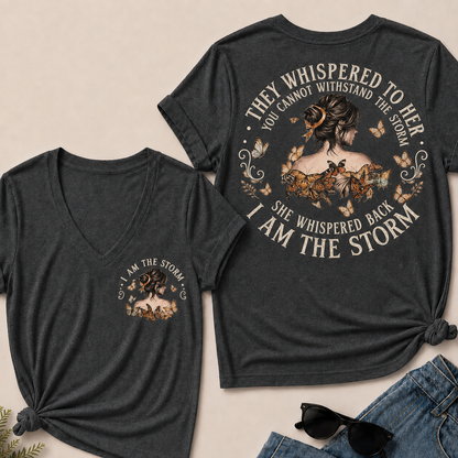 Women’s I Am The Storm V‑Neck Graphic T‑Shirt, Inspirational Butterfly Quote Short Sleeve Tee, Front & Back Print Casual Top