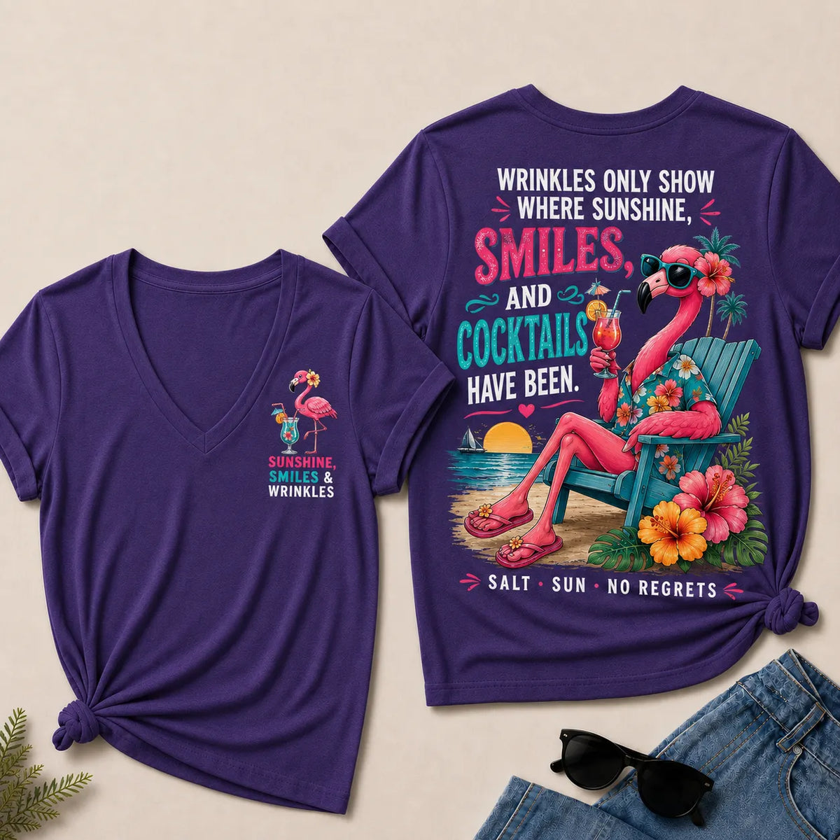 Wrinkles Only Show Where Sunshine, Smiles & Cocktails Have Been™ Funny Retirement V-Neck Tee For Women