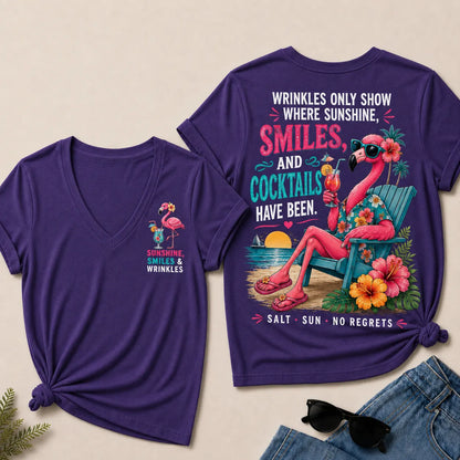 Wrinkles Only Show Where Sunshine, Smiles & Cocktails Have Been™ Funny Retirement V-Neck Tee For Women