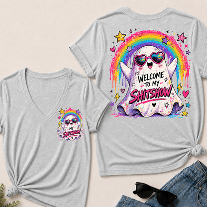 Women’s Welcome To My Show V‑Neck Graphic T‑Shirt, Cute Rainbow Ghost Funny Short Sleeve Tee, Front & Back Print Casual Top